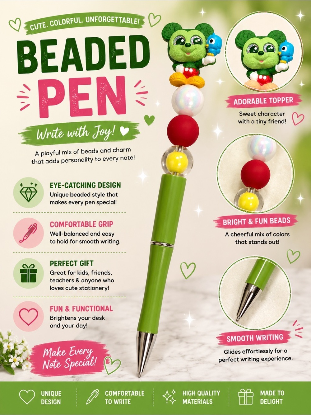 Hand Crafted Green Beaded Pen with Multicolor Beads